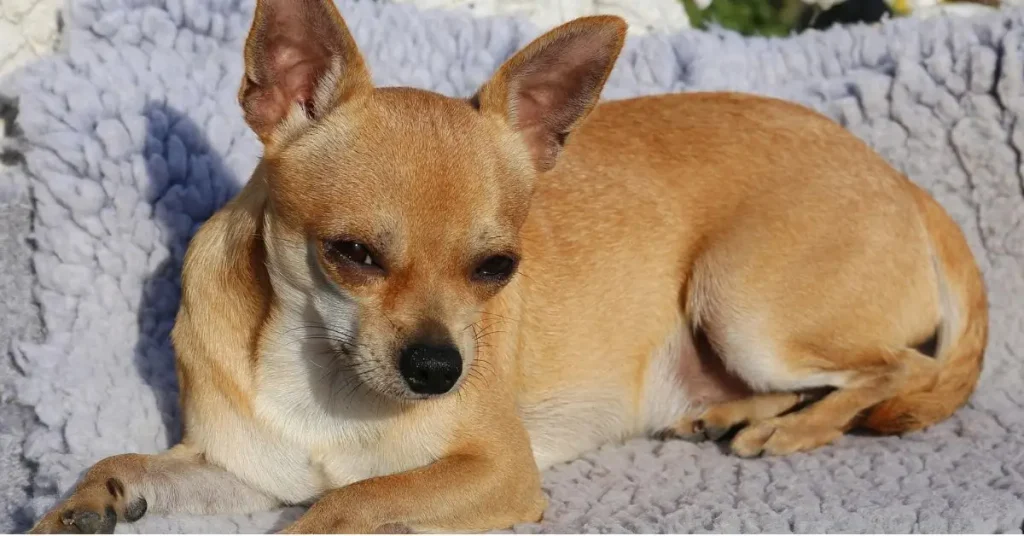 cachorro chihuahua marron deitado no tapete branco.