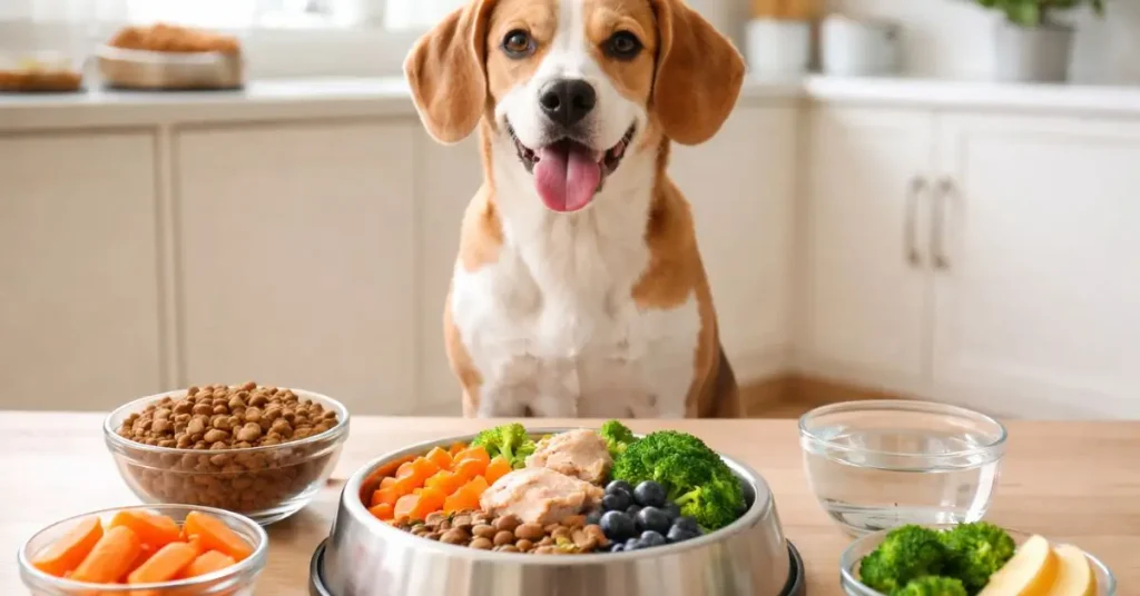 Refeição equilibrada com alimento e água para cachorro