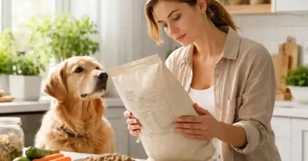 Tutor analisando o rótulo de uma ração para cachorro