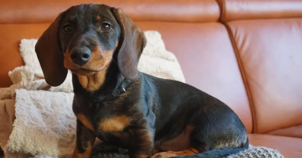 cachorro preto conhecido como salsicha deitado sofa marron.