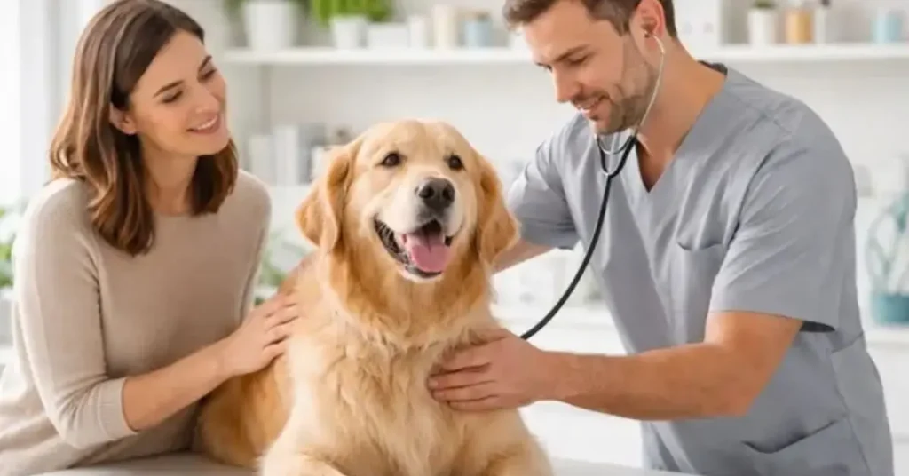 Veterinário examinando um cachorro durante uma consulta