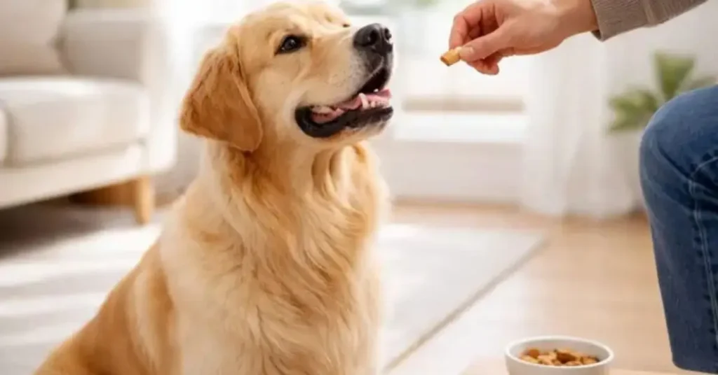 Tutor oferecendo um petisco pequeno ao cachorro durante o treinamento