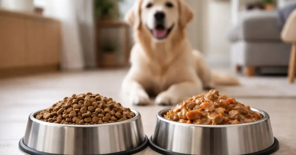 Tigelas com ração seca e alimento úmido para cachorro