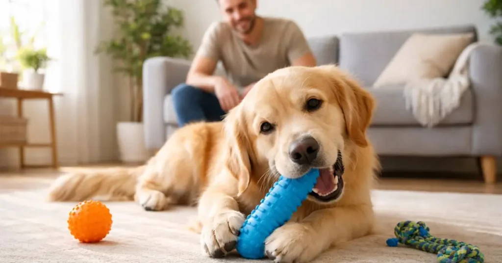 Cachorro brincando com um brinquedo próprio para cães
