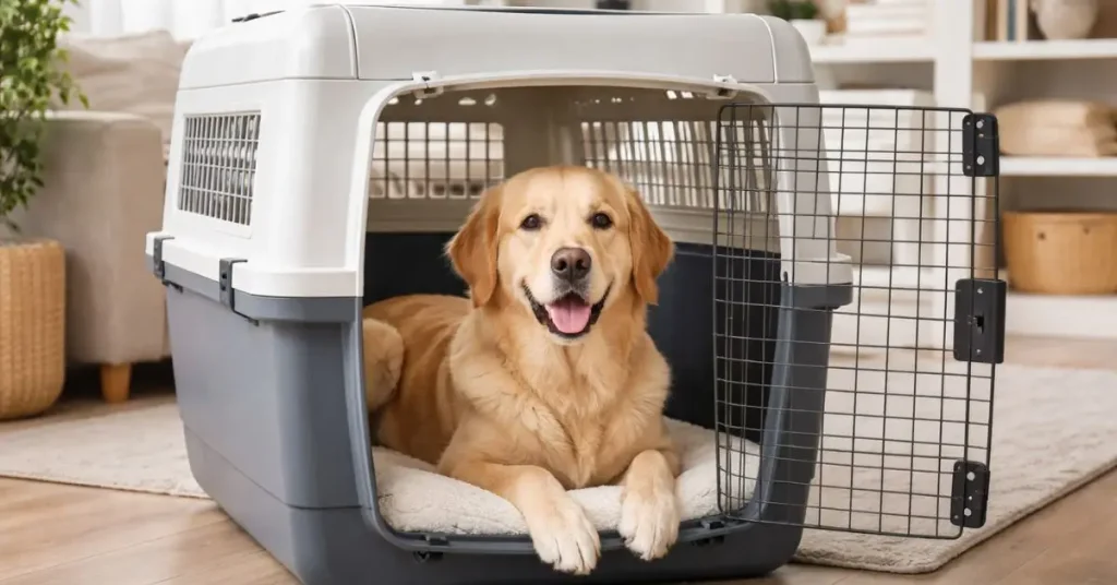 Cachorro acomodado em uma caixa de transporte
