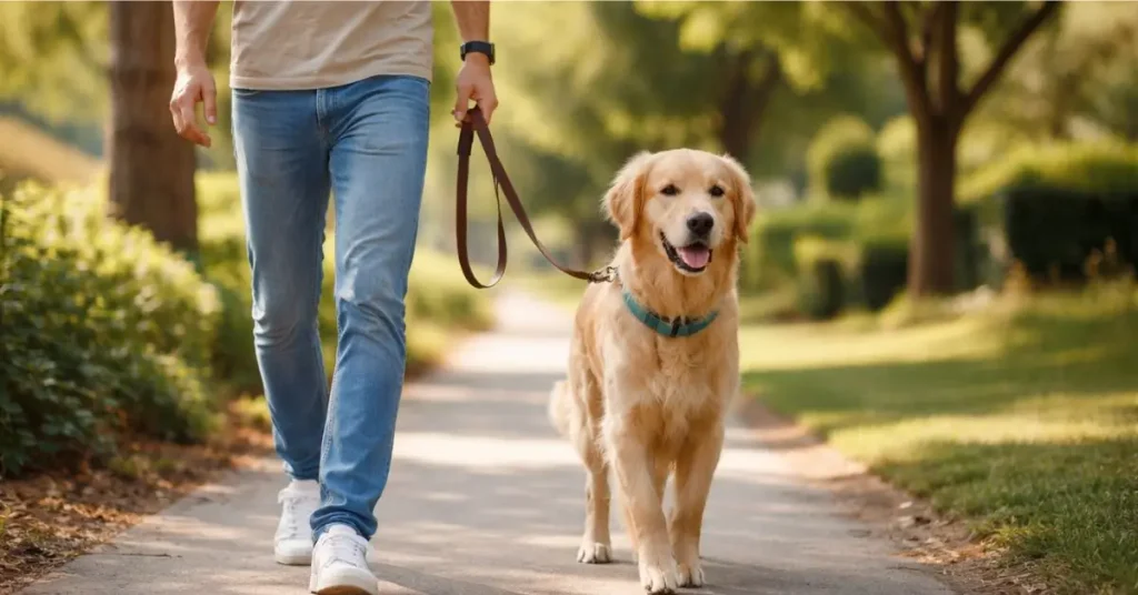 Cachorro passeando com coleira ajustada e guia segura