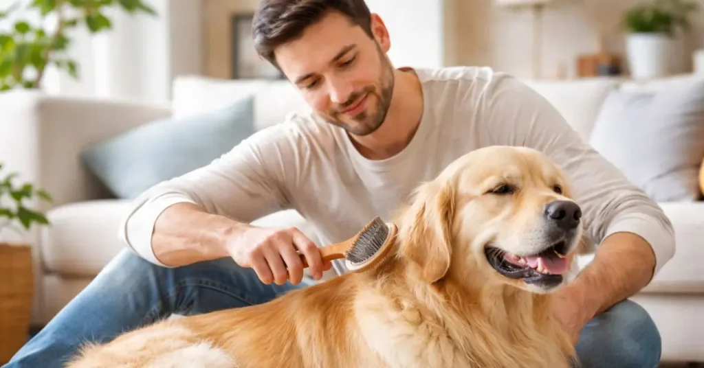Tutor escovando o pelo do cachorro com cuidado