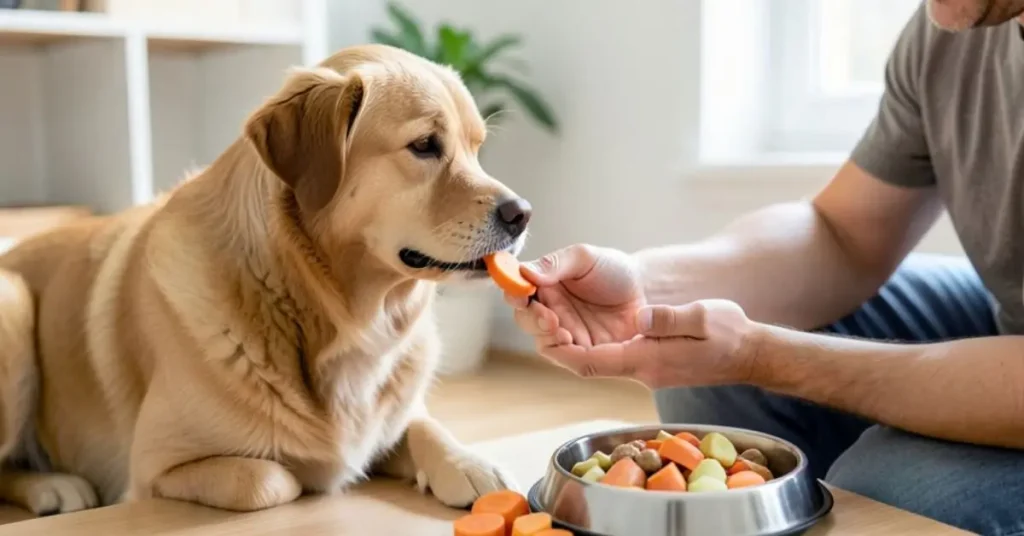 Cachorro recebendo petisco natural em pequena quantidade