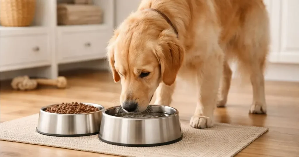 Cachorro bebendo água em um pote limpo