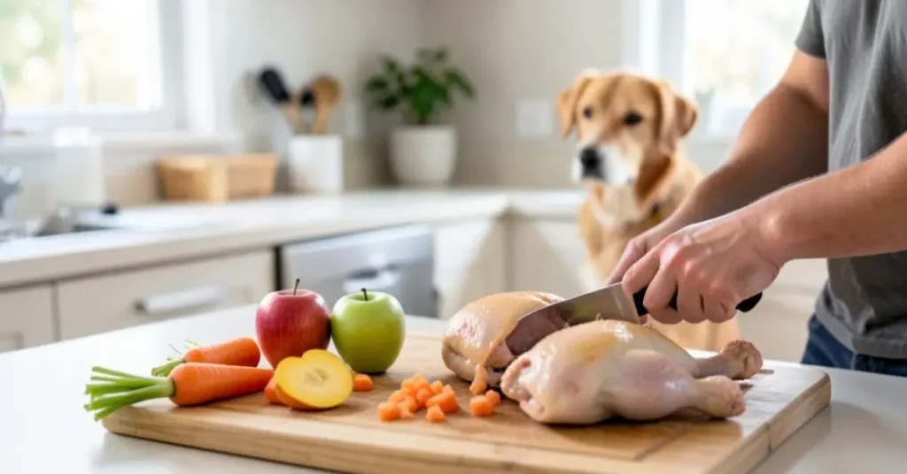 uma pessoa preparando alimentos naturais para o seu cachorro